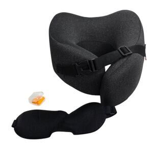 Gray Travel Memory Foam Neck Pillow With Eye Mask & Ear Plugs For Airplanes